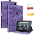 for Amazon Kindle Fire HD 8 &amp Fire HD 8 Plus Case 12th/10th Generation (2024/2022/2020) 8 UUcovers Embossed PU Leather Folio Magneic Cover with Stand/Pencil Holder Cherry Blossom Purple Cat