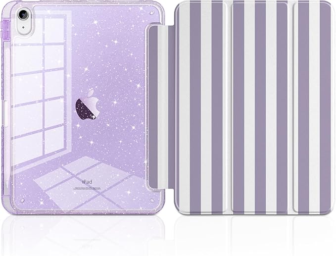 TWOLSKOO Sparkly Case for iPad Pro 11 inch (M5 2025 / M4 2024) Glitter Hard Acrylic Back with Pencil Holder Slim Trifold Stand Folio Cover Auto Sleep/Wake Purple Stripes