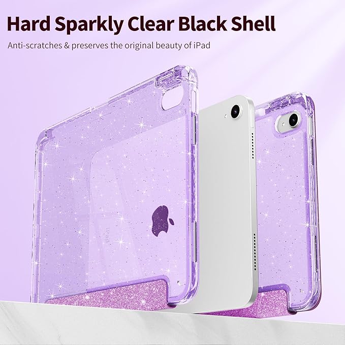 Tuiklol Sparkly Case for iPad (A16 Chip) 11th Gen 11 inch 2025 / iPad 10th Gen 10.9 inch 2022 Built in Pencil Holder with Glitter Clear Back Shell Cover Trifold Stand Auto Wake/Sleep Sparkly-Purple