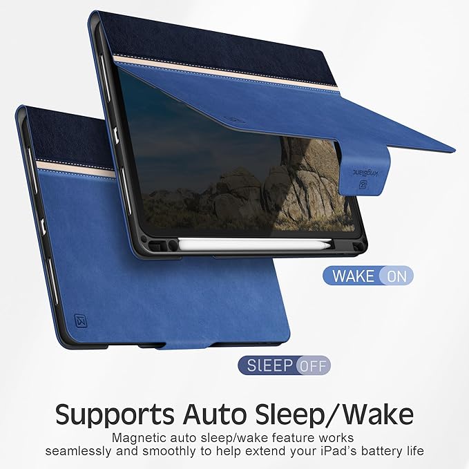KingBlanc Case for iPad Pro 11 inch (M5 2025/M4 2024) with Pencil Holder Vegan Leather Smart Stand Cover Auto Sleep Wake Support Pencil Pro/(USB-C) Viewing/Typing Angle Durable Protection Blue