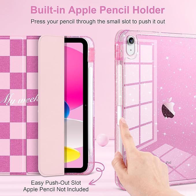 DONGKE for iPad Pro 11 inch Case – Fits M5 2025 / M4 2024 Shockproof Sparkling Glitter Acrylic Back Pencil Holder Trifold Stand Auto Sleep/Wake &amp Touch ID Support - Pink Checkerboard