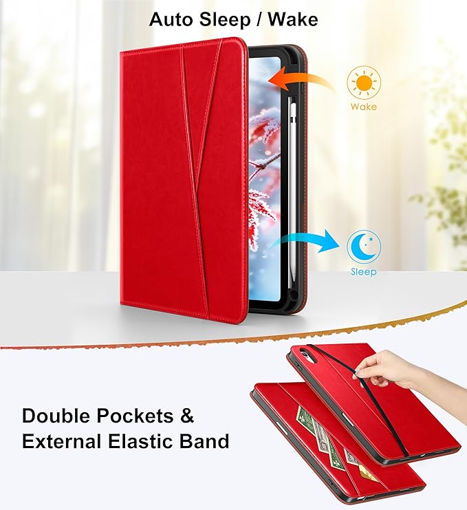 DTTO for iPad A16 Case iPad 11th / 10th Generation Case (2025/2022) 360 Degree Rotating Premium Leather Folio Stand Cover with Pencil Holder Bright Red