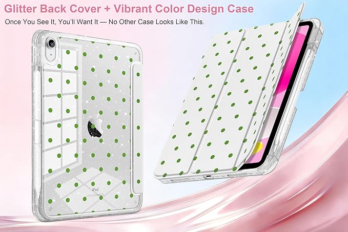 MEEgoodo Case for iPad A16 11th Generation 2025/10th Generation 2022 Glitter Tablet Cases with Transparent Acrylic Back+Trifold Stand +Pencil Holder+Auto Wake/SleepGreen Polka Dots