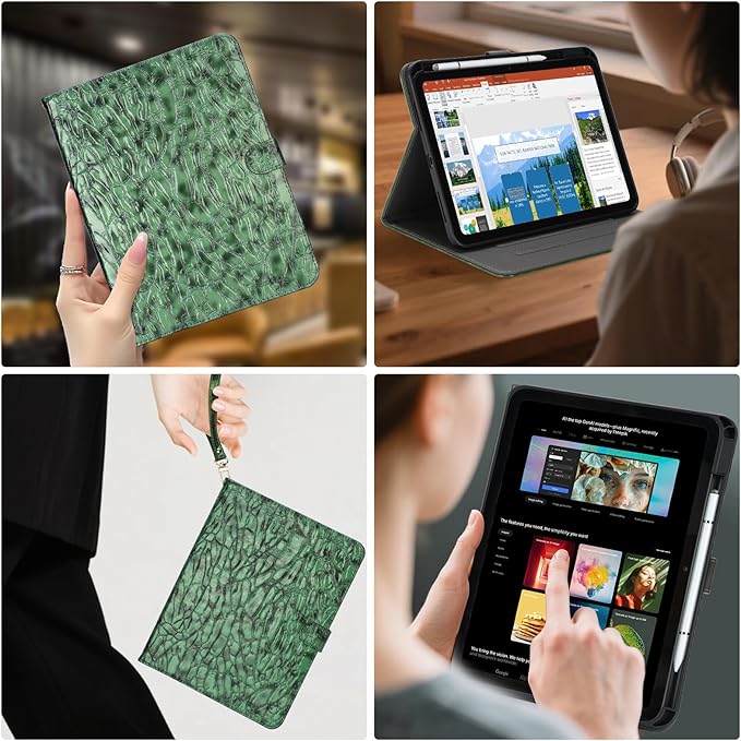 Elegant Case for Samsung Galaxy Tab A9 Plus 11 Inch 2023（Model: SM-X210/X216/X218） Premium Leather Crocodile Cover | Stand | Card Pockets| Wrist Strap for Women Girls(Blackish Green)