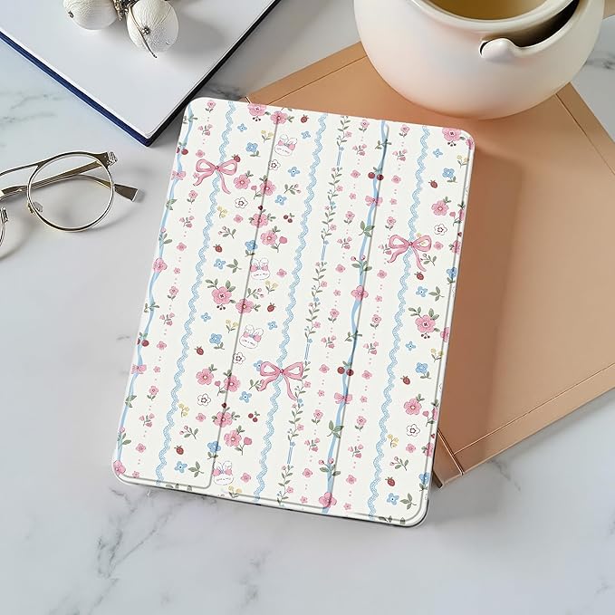 Idocolors Cute Kawaii Floral Bunny Bow Pad Case for 10.2 Inch iPad 9th/7th/8th Generation Clear TPU Smart Stand Back Cover with Pencil Holder Auto Wake/Sleep iPad 2021/2020/2019 Case for Women Girls