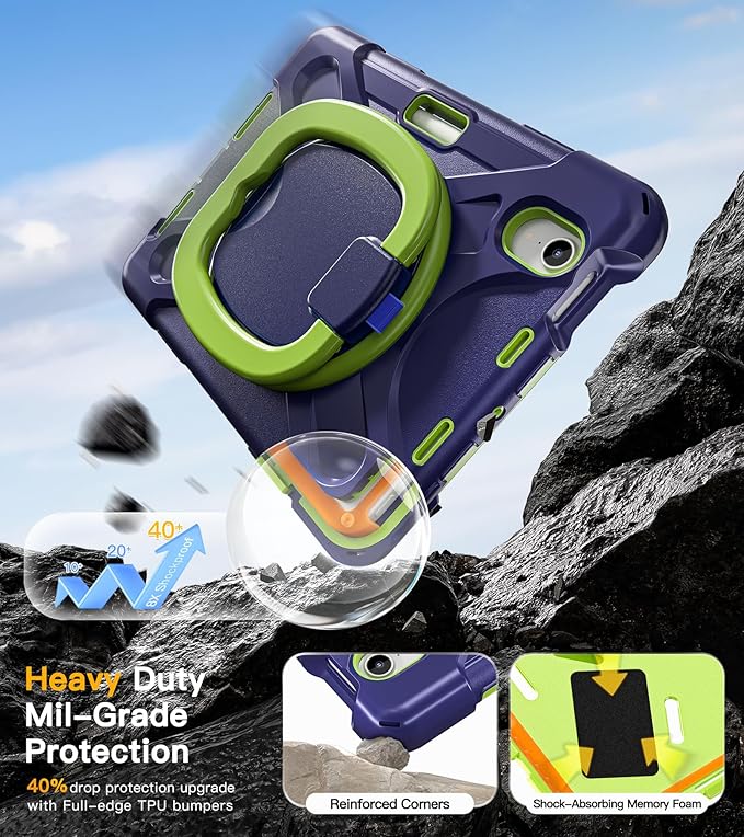 BRAECN Protective Rugged Kids Case for iPad mini 7 (A17 Pro) 2024 / iPad mini 7th/6th Generation 2021-8.3 Inch w/Screen Protector Pencil Holder Handle Grip Kickstand Shoulder Strap Navy Green