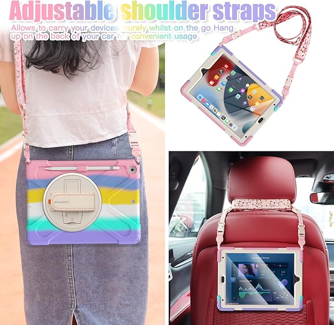 BRAECNstock Kids Case for Apple iPad 9th/ 8th/ 7th Generation 10.2 2021/2020/2019 Shockproof Protective with Pen Holder Screen Protector Rotating Stand &amp Hand Strap Shoulder Strap Colorful Pin