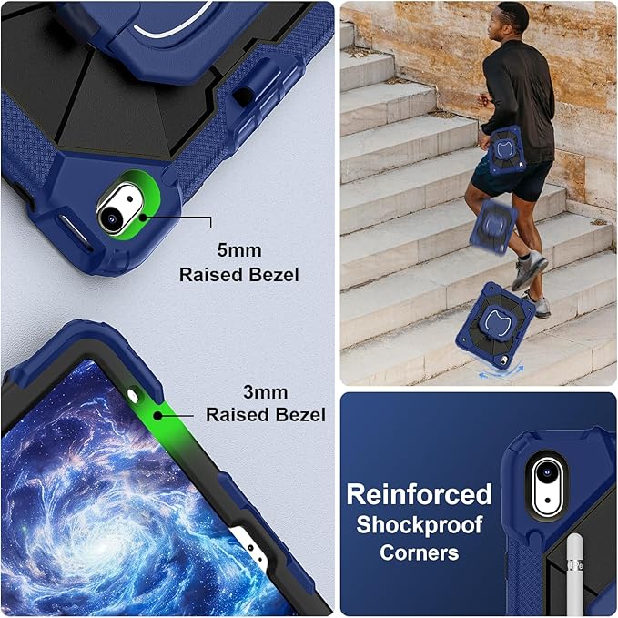 Case for iPad (A16) 11th Generation 11 Inch (2025) / iPad 10th Generation Case 10.9 Inch (2022) with 360° Rotating Stand Screen Protector Pen Holder Shoulder Strap Navy Black