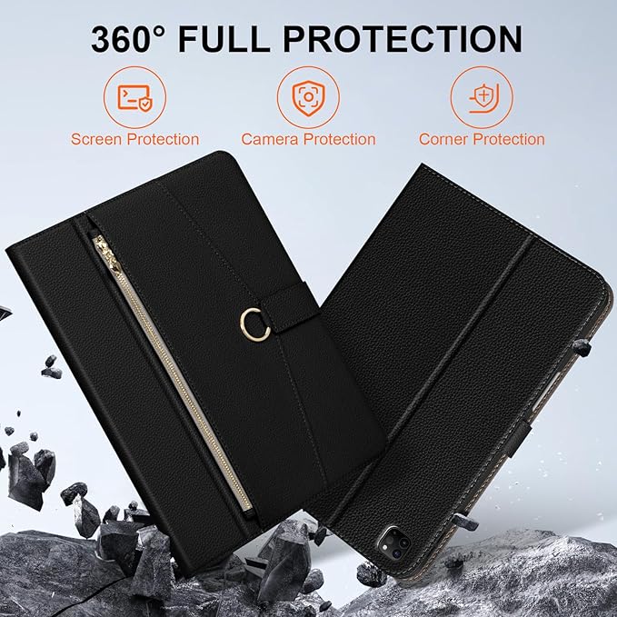 Premium Microfiber Leather Case for iPad Pro 12.9 (2018-2022 6th/5th/4th/3rd Gen) | Black with Zippered Pocket Buckle Pencil Holder Auto Wake/Sleep Multi StandBalck