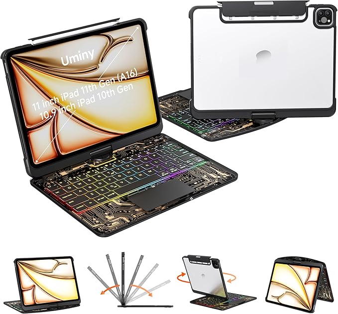 Transparent Keyboard Case for iPad 11th Gen 2025 (A16 11) &amp iPad 10th Gen 2022 (10.9) with Multi-Touch Trackpad 360° Rotating Stand 7-Color Backlit Bluetooth Pencil HolderBlack