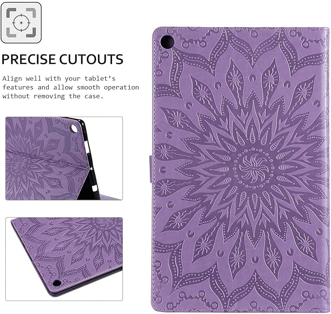 Folio Case for Fire HD 10 (9th/7th/5th Generation 2019/2017/2015 Release) Techcircle Sunflower Embossed Stand Protective Cover with Card/Cash Holder for Amazon Fire HD 10.1 Inch Tablet Purple