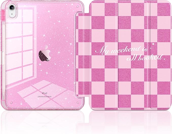DONGKE for iPad Pro 11 inch Case – Fits M5 2025 / M4 2024 Shockproof Sparkling Glitter Acrylic Back Pencil Holder Trifold Stand Auto Sleep/Wake &amp Touch ID Support - Pink Checkerboard