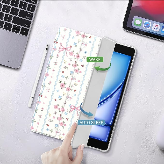 Idocolors Cute Kawaii Floral Bunny Bow Pad Case for 7.9 Inch iPad mini 4/iPad mini 5 Clear TPU Smart Stand Back Cover with Pencil Holder Auto Wake/Sleep Foldable Case for Women Girls