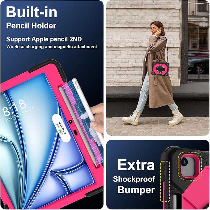 Tablet case for iPad Air 11 inch M2 2024 Tablet case for iPad Air 6th Generation(A2902 A2903 A2904) Hand Strap Shockproof Protective with 360° Rotate Kickstand Shoulder Black/Rose Red