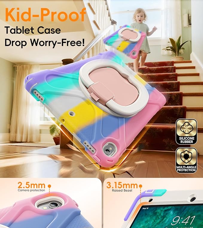 BATYUE iPad Air 3rd Generation Case 2019 Release iPad Pro 10.5 Case 2017 Released Rugged Heavy Duty Protective Cover with Pencil Holder 360° Swivel Stand Shoulder Strap for Kids (Colourful Pink)