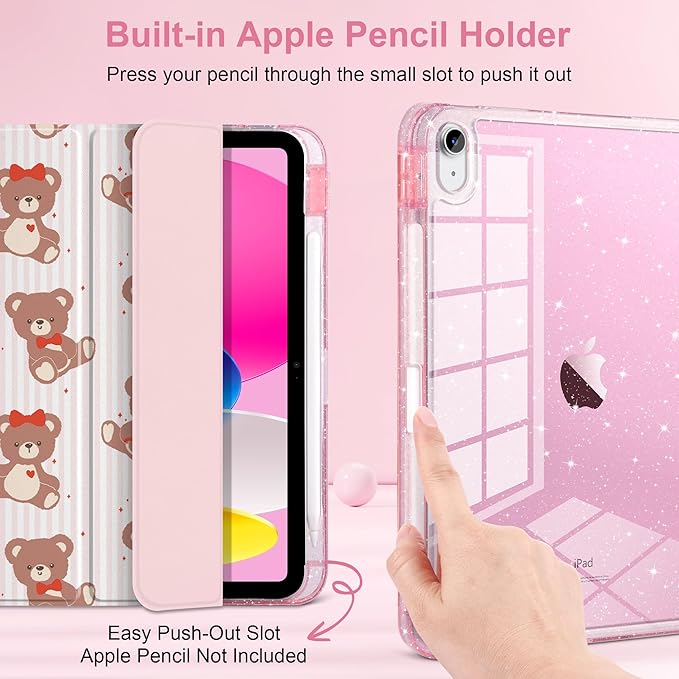 DONGKE for iPad Case 9th/8th/7th Generation 10.2 Inch (2021/2020/2019) Shockproof Glitter Acrylic Back with Trifold Stand Pencil Holder &amp Auto Sleep/Wake - Lovely Bears