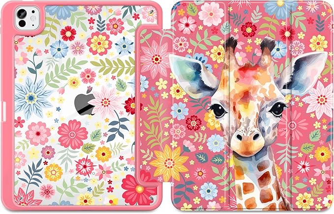 Case for iPad Pro 13 inch (M5) 2025 (M4) 2024 Release Slim Lightweight Cute Hot Pink Cover with Clear Back TPU Edge Pencil Holder Trifold Stand Giraffe