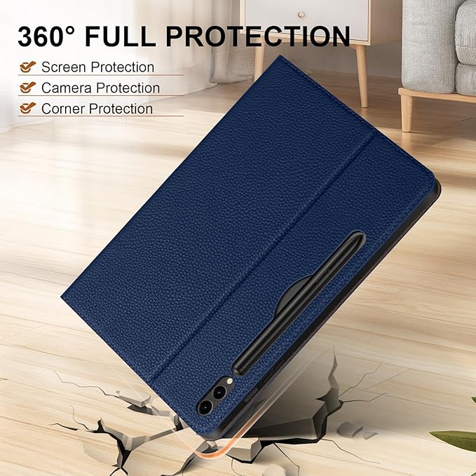 Genuine Leather Case for Samsung Galaxy Tab S10 Plus/S9 Plus/S9 FE+ 12.4 Inch with Pencil Holder | Slim Protective Cover with Adjustable Stand Auto Wake/Sleep Premium Leather | Blue