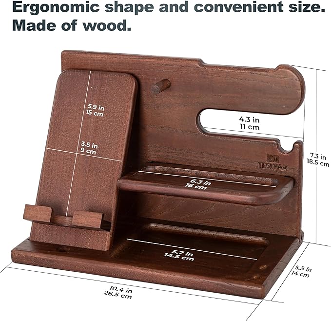 TESLYAR Wood Phone Docking Station for Men - Desk or Nightstand Organizer - Birthday Gifts for Husband or Dad - Anniversary Idea from Wife - Key Holder - Stand Wallet Watch &amp Essentials (Chestnut