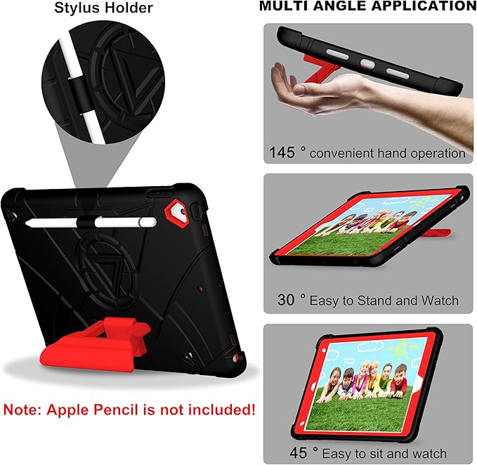 Case for iPad 9th/8th/7th Generation 10.2 inch Heavy Shockproof Cover with Screen Protector/180° Rotating Handle/Bracket/Pen Holder/Shoulder Strap Kids Case for 2021/2020/2019 (D-Black+Red)