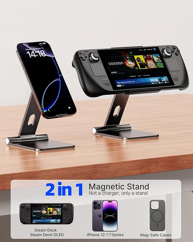 Antank Foldable Magnetic Stand Compatible with Steam Deck &amp Mag-Safe Portable iPhone Stand Holder for Desk Aluminum Alloy Adjustable Phone Stand for Steam Deck/OLED iPhone 17/16/15/14/13/12