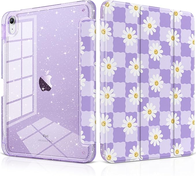 MEEgoodo Case for iPad A16 11th Generation 2025/10th Generation 2022 Glitter Tablet Cases with Transparent Acrylic Back+Trifold Stand +Pencil Holder+Auto Wake/SleepCool Flower &amp Purple Checkerbo