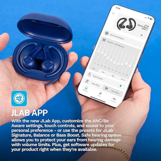 JLab JBuds Sport ANC 4 True Wireless Bluetooth Earbuds + Charging Case Cobalt Blue Swipe + Touch Controls Hybrid Active Noise Cancelation Multipoint Connect Customized Settings App
