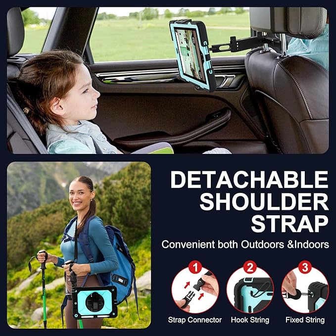 for iPad 9th/8th/7th Generation CaseiPad 10.2 Case 2021/2020/2019 with Cute Key Chain Rugged Protective Case with 360°Rotating Stand &amp Shoulder Hand Strap &amp Pen Slot for 10.2 Inch (Black+Aq