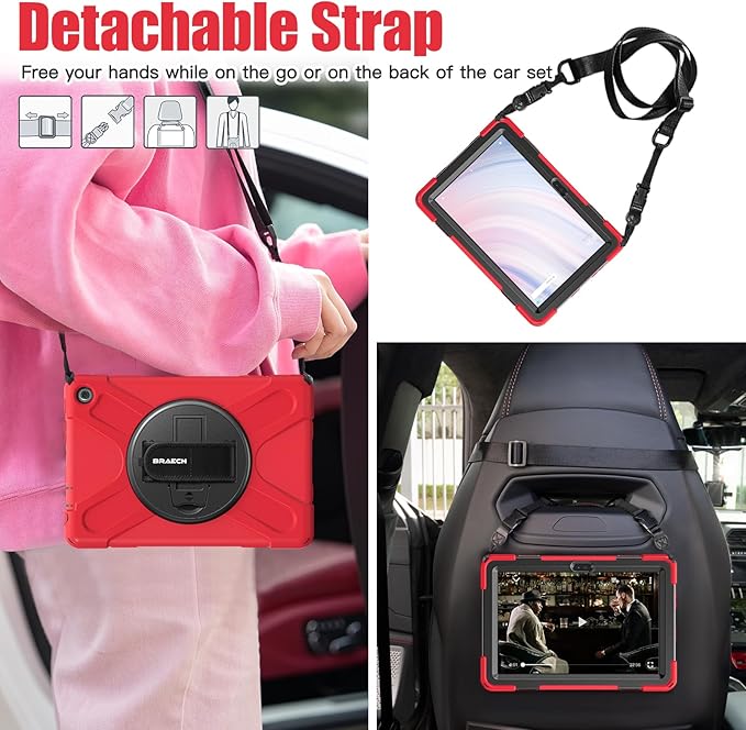BRAECNstock for Amazon Fire HD 10 Tablet Case 13th Gen 2023 10.1 Shockproof Rugged Kindle Fire HD 10 Kids Tablet Cover with Screen Protector Rotating Hand Strap+Stand Shoulder Strap Pen Holder - Red