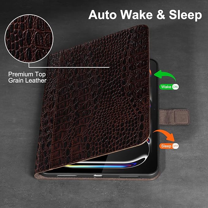 Gexmil Leather Case for iPad Pro 11 Inch (M5/M4) 2025/2024 with Magnetic Closure Adjustable StandProtective Shockproof Leather Smart Folio Cover Auto Sleep/Wake Anti-SlipBrown Crocodile