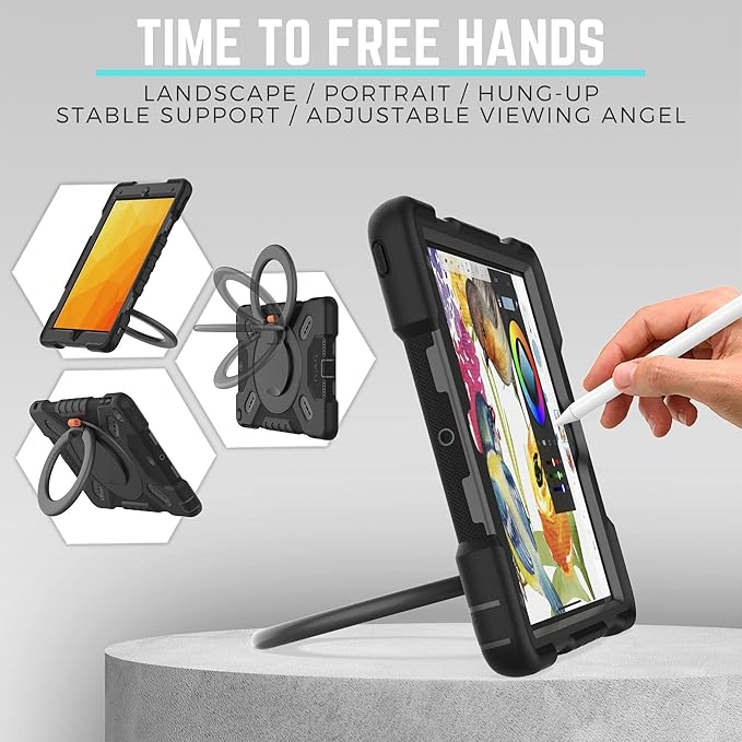 PEPKOO Triple Shockproof Case for iPad 9th/8th/7th Generation 10.2 inch 2021/2020/2019 Air 3rd Generation 10.5 inch Heavy Duty Cover with Pencil Holder Handle Kickstand Shoulder Strap Black