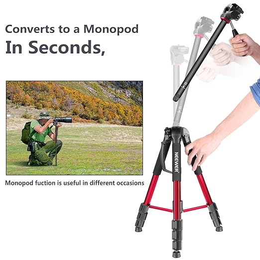 NEEWER Portable Aluminum Alloy Camera 2 in 1 Tripod Monopod Max. 70/177cm with 3 Way Swivel Pan Head and Carrying Bag for DSLR DV Video Camcorder (SAB264 Red)