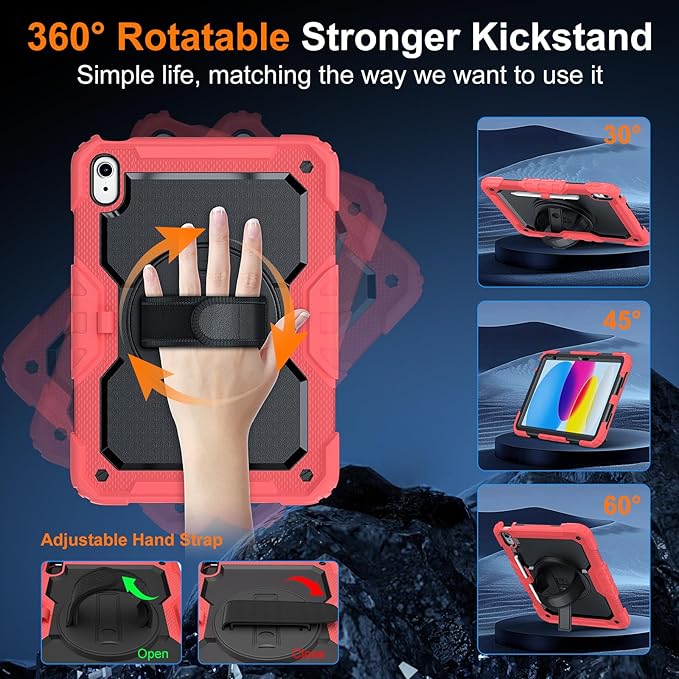Case for iPad (A16) 11th Generation 11 Inch (2025) Ubearkk for iPad 10th Generation 10.9 inch 2022 case with Screen Protector 360 Degree Rotating Stand/Adjustable Shoulder Strap/Pencil Holder Red