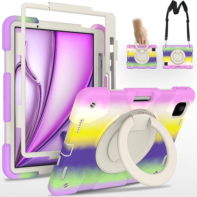 Case for iPad Air 11 inch M3 2025/ M2 2024 (Air 7th/6th Generation) Heavy Duty Shockproof Cover with Screen Protector/360° Rotating Stand/Pencil Holder/Shoulder Strap (Colorful Purple)