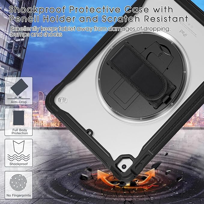 BRAECNstock Case for iPad 6th/5th Generation 9.7 inch 2018/2017ipad Air 2nd Generation &amp Pro 9.7 inch Cover for Kids with Pencil HolderScreen Protector360°Rotating Hand Strap&ampKickstand-Blac