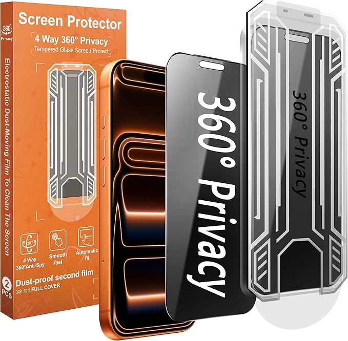 360° 4 Way Privacy Screen Protector for iPhone 17 Pro Max [2 Pack] Anti-Spy Tempered Glass 9H Hardness Shatterproof 3D Curved Edges Case-Friendly Bubble-Free Easy Installation