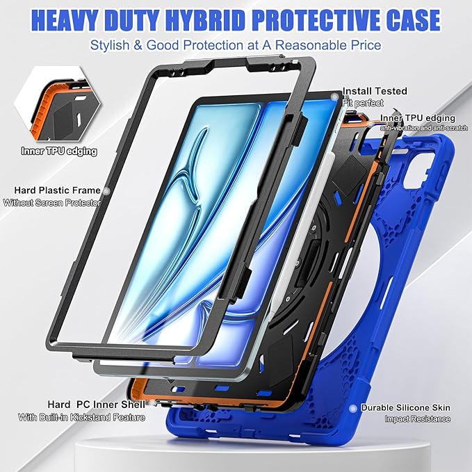 for iPad Air 13-inch M2 (2024) A2898/A2899 for iPad Pro 12.9 Rugged Case Portable Heavy Duty Shock-Proof Armor Cover with Swivel Kickstand/Hand Grip Shoulder Strap Pencil Holder (Blue)