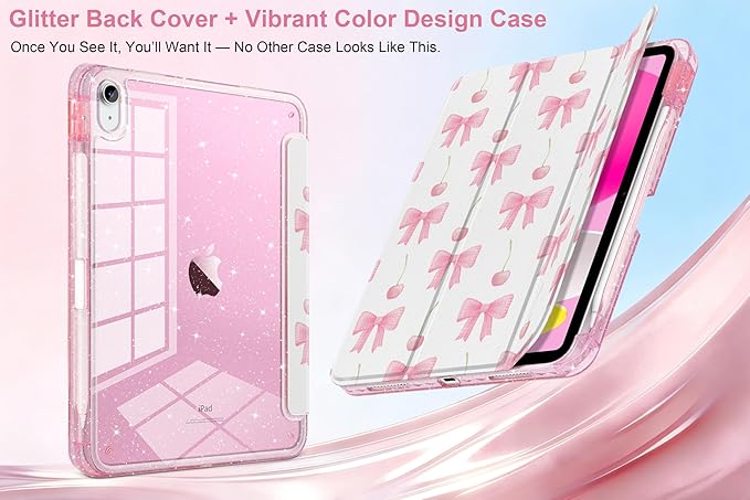 MEEgoodo Case for iPad A16 11th Generation 2025/10th Generation 2022 Glitter Tablet Cases with Transparent Acrylic Back+Trifold Stand +Pencil Holder+Auto Wake/SleepCherry &amp Pink Bows