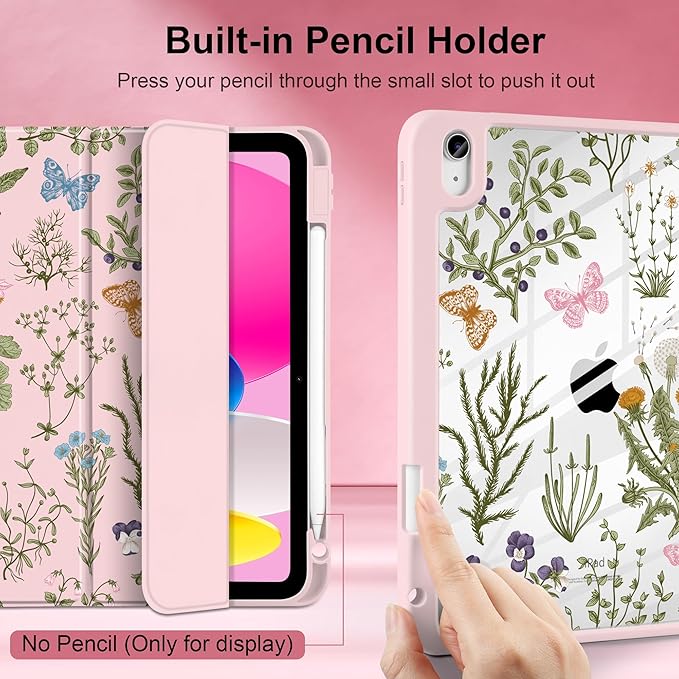 DONGKE Case for iPad (A16) 11th Generation 11 inch 2025 &amp iPad 10th Gen 10.9 inch 2022 [Built-in Pencil Holder] Clear Acrylic Back Trifold Stand Smart Cover Auto Sleep/Wake Wildflower &amp But