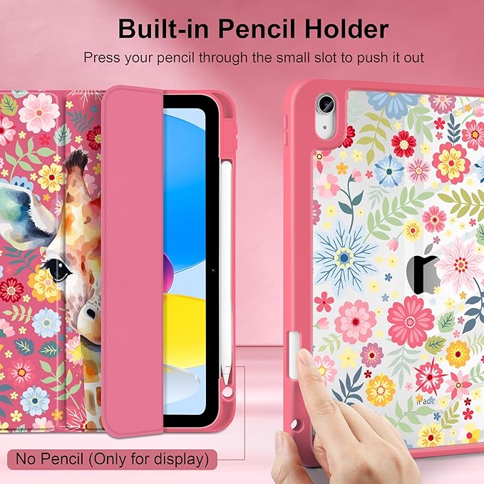 Case for iPad (A16) 11th Generation 11 inch 2025 /iPad 10th Gen 10.9 2022- Cute Patterns Hot Pink Cover with Clear Back Shell Auto Wake Sleep Trifold Stand &amp Pencil Holder Giraffe