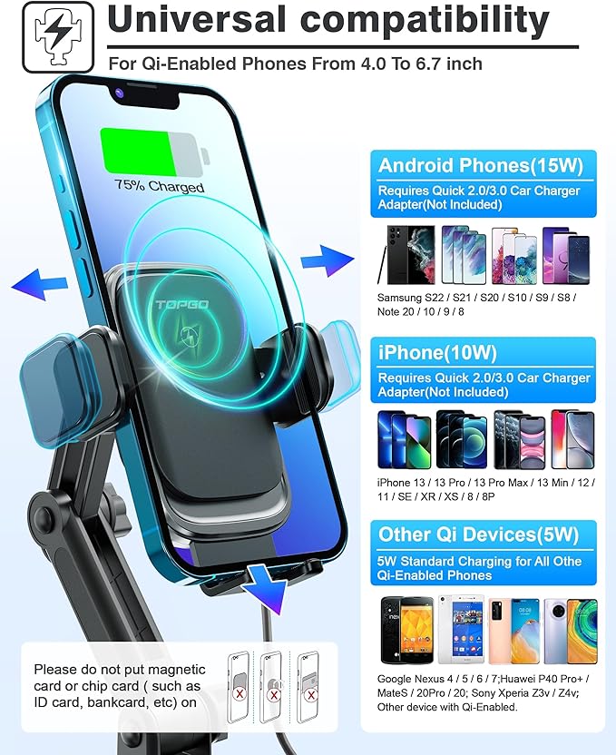 [Upgraded] TOPGO Cup Phone Mount Wireless ChargerUniversal Cell Phone Holder Car Charger Wireless-Charger-Cup-Phone-Holder Fast Charging for iPhone16/16 Pro/16 Pro Max Samsung Galaxy - Black