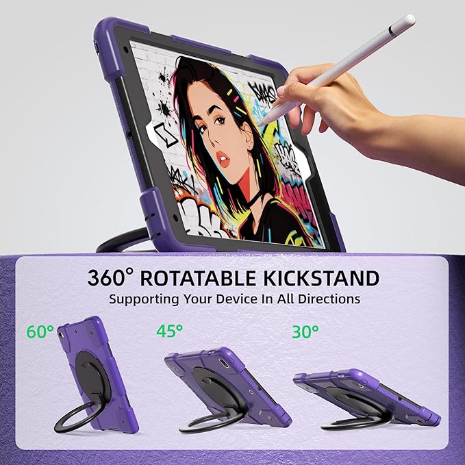 Case for iPad 9th/8th/7th Generation 10.2 inch Shockproof Cover with Screen Protector/360° Rotate Stand/Pencil Holder/Shoulder Strap Kids Case for iPad 2021/2020/2019 (Deep Purple+Black)
