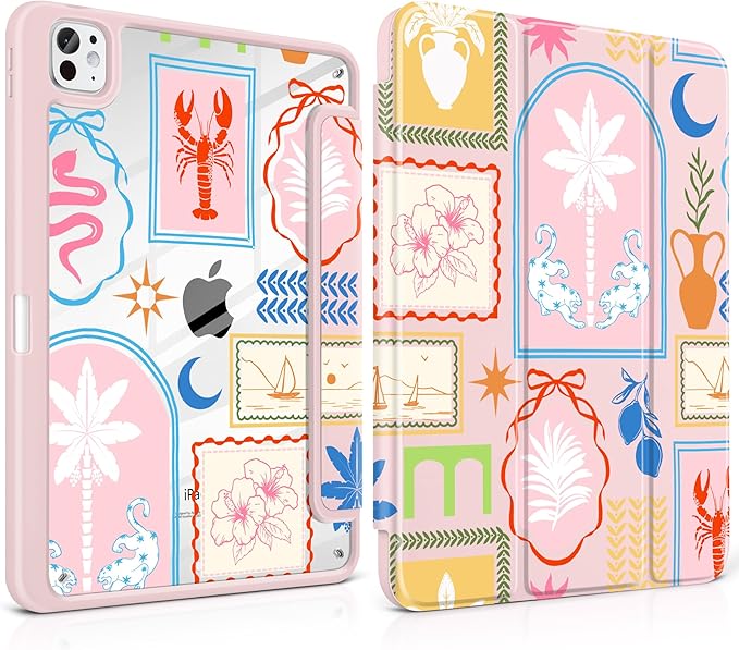 Case for iPad Pro 13 inch (M5) 2025 (M4) 2024 Release Slim Lightweight Cute Light Pink Cover with Clear Back TPU Edge Pencil Holder Trifold Stand Creative Collage