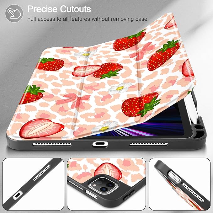 May Chen Case for iPad Pro 11 inch (4th 3rd 2nd &amp 1st Gen) 2022 2021 2020 2018Trifold Stand with Auto Wake/Sleep Soft TPU Protective Stand Back Cover Leopard Print Strawberry