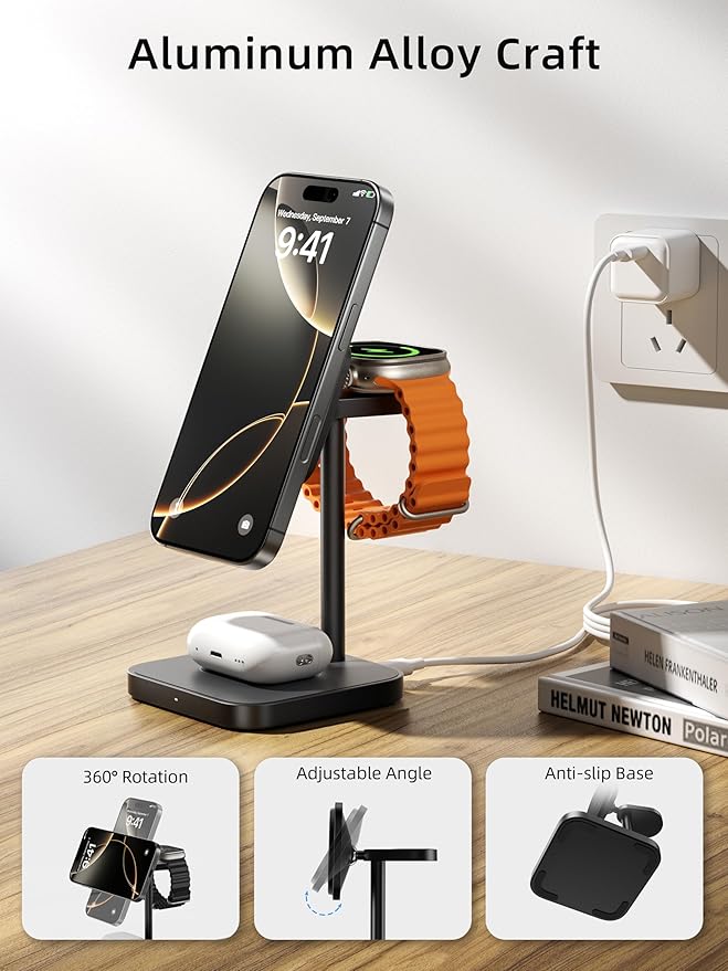 [Qi2 Certified ] LULULOOK 3 in 1 Charging Station 15W QI2 Wireless Charger Stand Magnetic Charger for iPhone 17/16/15/14/13/12 Series AirPods Pro/3/4 Apple Watch with 30W PD Adapter