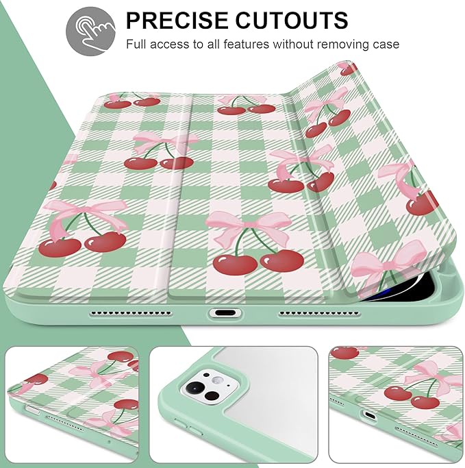 DONGKE for iPad Pro 11-Inch Case (M5 2025 / M4 2024) 6th/5th Generation [Auto Sleep/Wake &amp Pencil Pro Holder] Clear Acrylic Back Smart Trifold Stand Cover Green Cherry