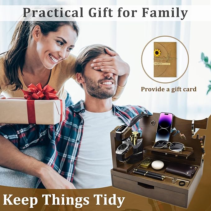 Nightstand Organizer for Men with Large Drawer Wood Phone Docking Station for Phone Apple Watch Wallet &amp Keys Ideal Birthday Gift for Father Husband Bedside Desk Organizer (Brown)