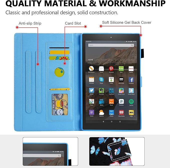 Folio Case for Amazon Fire HD 10 Tablet (5th/7th/9th Generation) Slim Fit Stand Magnetic Soft TPU Back Smart Cover for All-New Fire HD 10 2015/2017/2019 Sleep Mode Blue Butterflies