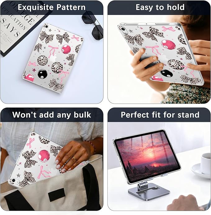 for 12.9 iPad Pro 6th/5th/4th/3rd Gen (2022/2021/2020/2018)Cute Y2k Leopard Print Bow Clear CaseSlim Lightweight Anti-Scratch Soft TPU Bumper Hard Acrylic Back Cover for Women