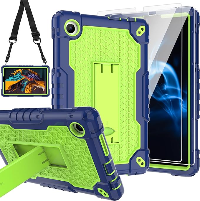 for TCL Tab 8 V/TCL AT&ampT Tab 8 SE (6048E) Tablet Case with Screen ProtectorSoft Silicone Rubber Heavy Duty Hybrid Had Back Shell Protection Build in Kickstand (Navy Blue/Green/2 PCS)